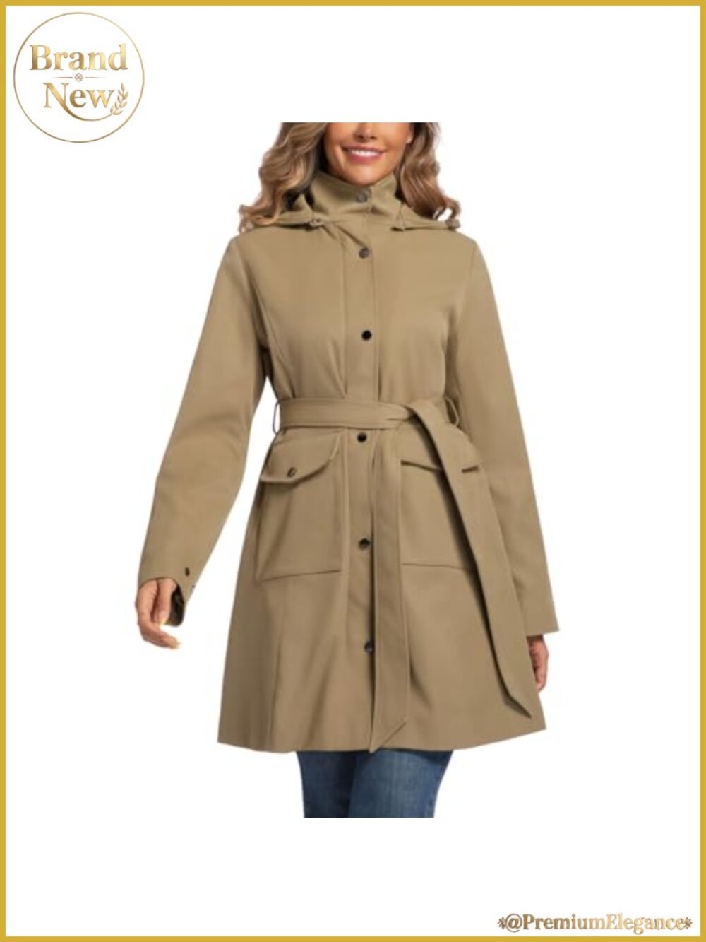 Water Resistant Trench Coat Women Rain Jacket Hood Detachable Belt